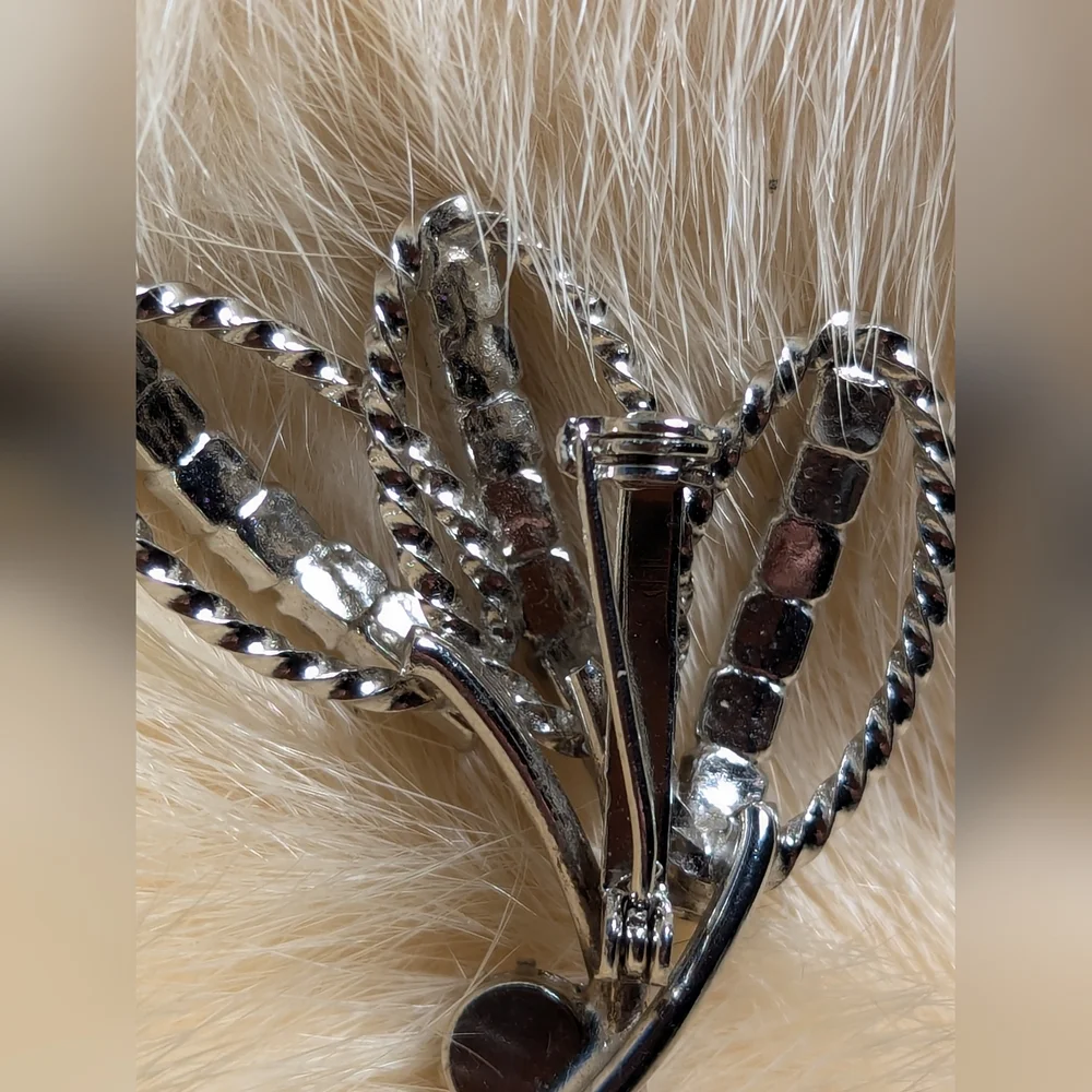 Vintage Brooch Floral Gray Rhinestones Spray Pin 1.25